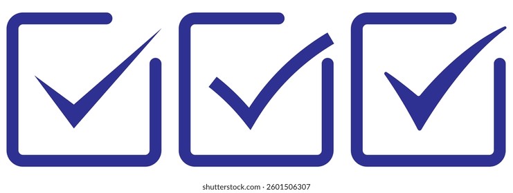 check box icon with correct with different line width. approved symbol. accept checkmark icons green tick box, check list square frame sign.