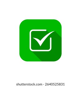 Check box icon on green square. Tick, checkmark sign symbol