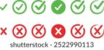 Check box icon with right and wrong buttons and yes or no checkmark icons in green tick box and red cross. Isolated checkmark. Check mark icon button set.