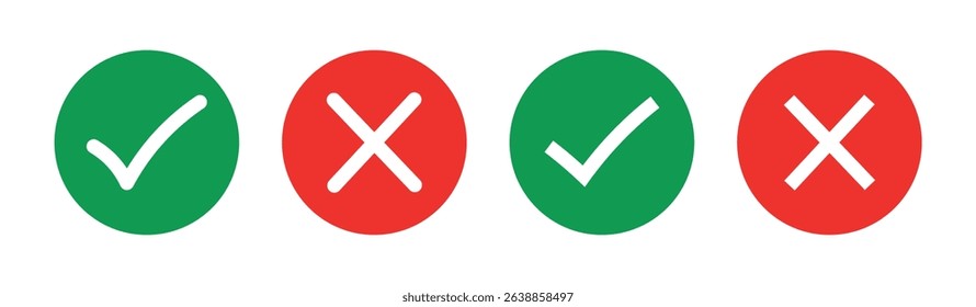 Check box icon with right and wrong buttons and yes or no checkmark icons in green tick box and red cross. Isolated checkmark. Check mark icon button set.