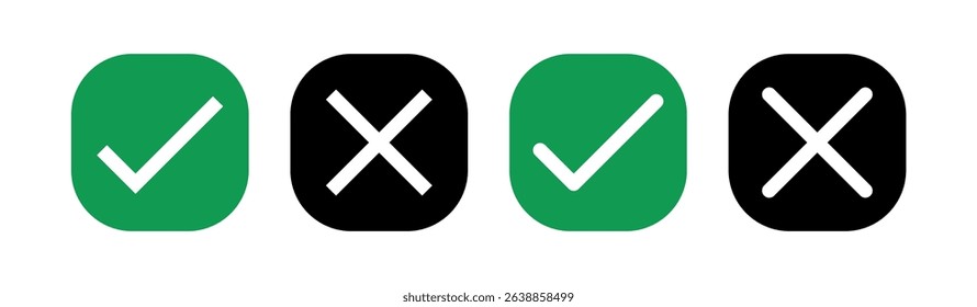 Check box icon with right and wrong buttons and yes or no checkmark icons in green tick box and red cross. Isolated checkmark. Check mark icon button set.