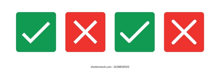 Check box icon with right and wrong buttons and yes or no checkmark icons in green tick box and red cross. Isolated checkmark. Check mark icon button set.