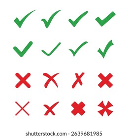 Check box icon with right and wrong buttons and yes or no checkmark icons in green tick box and red cross. Isolated checkmark. Check mark icon button set.