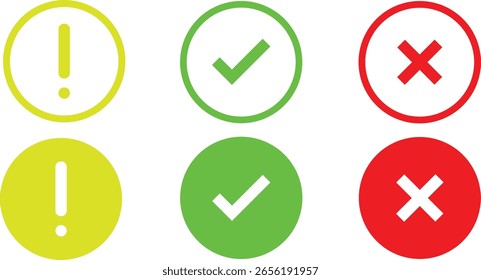 Ícono de casilla de verificación con los Botones correctos e incorrectos. íconos de marca de verificación. ícono de información de signo de exclamación. conjunto de Botones de ícono de marca de verificación. En la casilla de verificación verde y cruz roja.