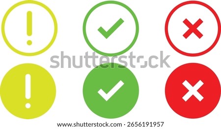 Check box icon with right and wrong buttons. yes or no checkmark icons.  exclamation mark information icon. check mark icon button set. In green tick box and red cross.