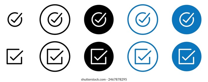 Icono de casilla de verificación establecido con correcto. Signo de símbolo de Casilla de verificación. Aceptar la casilla de verificación de iconos de marca. Trazo editable.