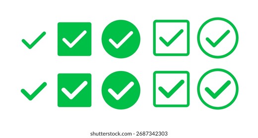 Ícones de caixa de seleção definidos com correto. Símbolo de marca de seleção de aprovação verde, Ícones de marca de seleção de aceitação caixa de marcação design de ilustração de vetor verificado