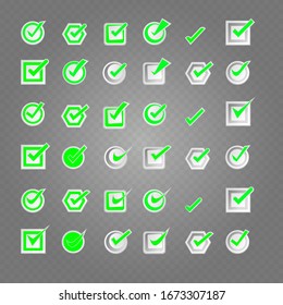 Check box icons of vote mark web sign choice yes symbol. True option, positive answer, saying yes, acceptance, confirmation, etc