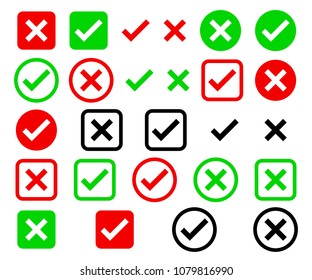 Check box list icons set, green, red and black isolated on white background, vector illustration.