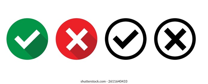 Check box list icons set, green and red isolated on white background. Check mark and cross circles icon set