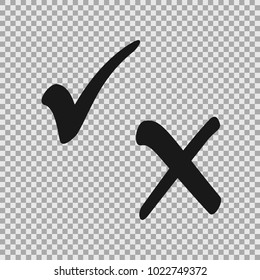 Check box list icons tick and cross, black marks isolated on transparent background. Vector illustration