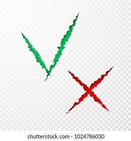 Check box list icons tick and cross, green and red marks are the ripped paper torn off isolated on transparent background. Vector illustration
