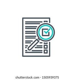 check box list page with magnifier glass outline flat icon. Single quality outline logo search symbol for web design mobile app. Thin line design logo sign Loupe lens icon isolated on white background