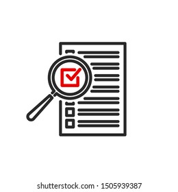 check box list page with magnifier glass outline flat icon. Single quality outline logo search symbol for web design mobile app. Thin line design logo sign Loupe lens icon isolated on white background