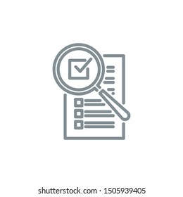 check box list page with magnifier glass outline flat icon. Single quality outline logo search symbol for web design mobile app. Thin line design logo sign Loupe lens icon isolated on white background