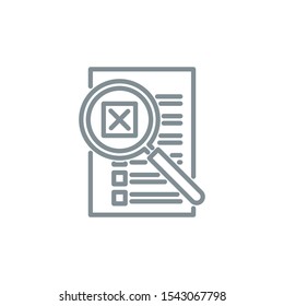 check box list page with magnifier glass outline flat icon. Single quality outline logo search symbol for web design mobile app. Thin line design logo sign Loupe lens icon isolated on white background