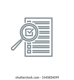 check box list page with magnifier glass outline flat icon. Single quality outline logo search symbol for web design mobile app. Thin line design logo sign Loupe lens icon isolated on white background