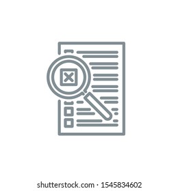 check box list page with magnifier glass outline flat icon. Single quality outline logo search symbol for web design mobile app. Thin line design logo sign Loupe lens icon isolated on white background