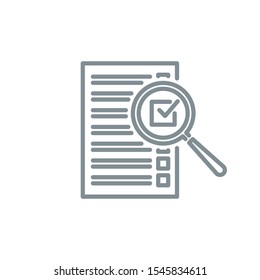 check box list page with magnifier glass outline flat icon. Single quality outline logo search symbol for web design mobile app. Thin line design logo sign Loupe lens icon isolated on white background