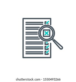 check box list page with magnifier glass outline flat icon. Single quality outline logo search symbol for web design mobile app. Thin line design logo sign Loupe lens icon isolated on white background