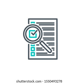 check box list page with magnifier glass outline flat icon. Single quality outline logo search symbol for web design mobile app. Thin line design logo sign Loupe lens icon isolated on white background