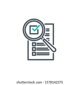 check box list page with magnifier glass outline flat icon. Single quality outline logo search symbol for web design mobile app. Thin line design logo sign Loupe lens icon isolated on white background