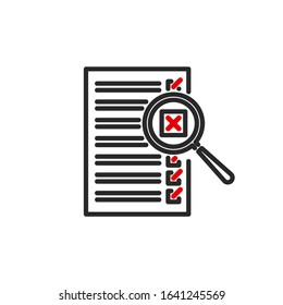 check box list page with magnifier glass outline flat icon. Single quality outline logo search symbol for web design mobile app. Thin line design logo sign Loupe lens icon isolated on white background