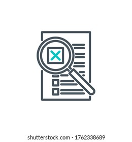 check box list page with magnifier glass outline flat icon. Single quality outline logo search symbol for web design mobile app. Thin line design logo sign Loupe lens icon isolated on white background