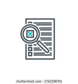 página de lista de casillas de verificación con el icono plano del contorno de la lupa de la luna. Símbolo de búsqueda de logotipo de esquema de calidad única para aplicación móvil de diseño web. Logo de diseño de línea delgada signo Icono de lente de Loupe aislado en fondo blanco