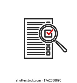 check box list page with magnifier glass outline flat icon. Single quality outline logo search symbol for web design mobile app. Thin line design logo sign Loupe lens icon isolated on white background