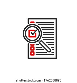 check box list page with magnifier glass outline flat icon. Single quality outline logo search symbol for web design mobile app. Thin line design logo sign Loupe lens icon isolated on white background
