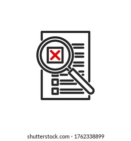 página de lista de casillas de verificación con el icono plano del contorno de la lupa de la luna. Símbolo de búsqueda de logotipo de esquema de calidad única para aplicación móvil de diseño web. Logo de diseño de línea delgada signo Icono de lente de Loupe aislado en fondo blanco