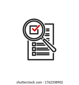 check box list page with magnifier glass outline flat icon. Single quality outline logo search symbol for web design mobile app. Thin line design logo sign Loupe lens icon isolated on white background