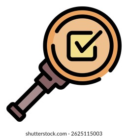 Check box and magnifier icon. Outline check box and magnifier vector icon color flat isolated