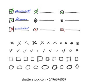 Check box and check marks collection for bullet journal hand drawn vector illustration isilated on white background