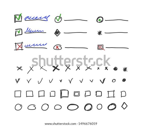 Check box and\
check marks collection for bullet journal hand drawn vector\
illustration isilated on white\
background