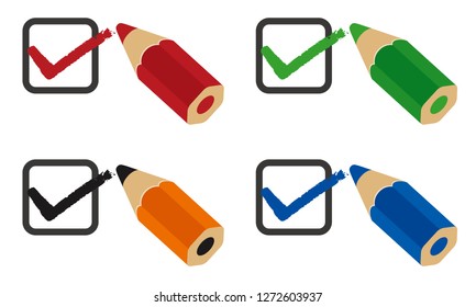 Check box and pencil on white background