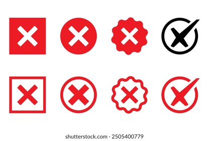 casilla de verificación Conjunto de iconos de marca de cruz roja Botón incorrecto Botones rechazados sin marca de verificación Ilustración vectorial sin entrada Concepto No válido