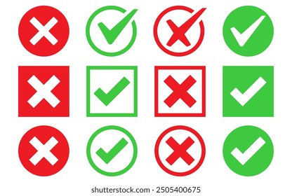 Check box tick mark icon set button correct right wrong buttons or yes or no checkmark red cross green tick vector illustration