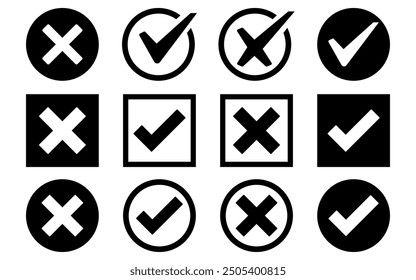 Check box tick mark icon set black button correct right wrong buttons or yes or no checkmark red cross green tick vector illustration	