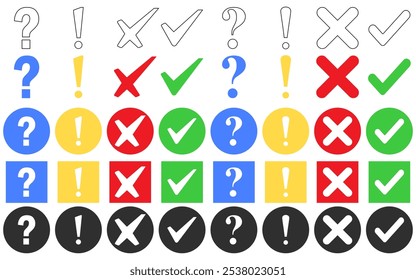 Check box tick mark icon set button question mark exclamation mark correct right wrong yes or no checkmark red cross green tick blue black buttons