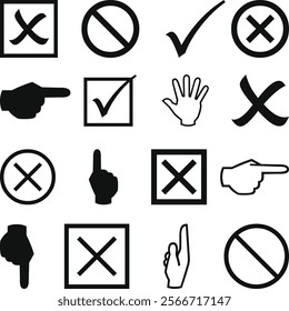 Check box tick mark icon set button correct right wrong buttons or yes or no checkmark cross black tick vector illustration