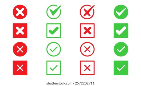 Check box tick mark icon set button correct right wrong buttons or yes or no checkmark red cross green tick vector illustration. Outline and filed icon.
