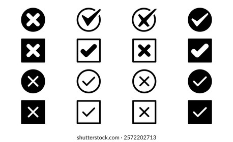 Check box tick mark icon set black button correct right wrong buttons or yes or no checkmark black cross black tick vector illustration. Outline and filed icon.
