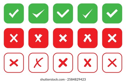 Check box tick mark icon set button correct right wrong buttons or yes or no checkmark red cross vector design