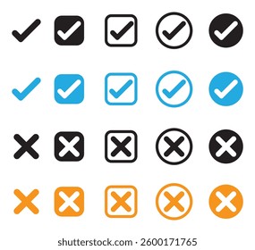 Check box tick mark icon set black button correct right wrong buttons or yes or no checkmark black cross black tick vector illustration. Outline and filed icon. 1176