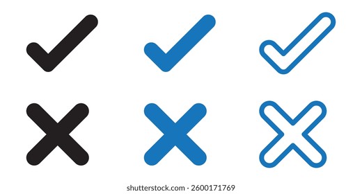 Check box tick mark icon set black button correct right wrong buttons or yes or no checkmark black cross black tick vector illustration. Outline and filed icon. 1176
