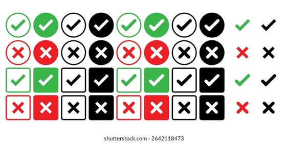 Check box tick mark icon in red and black cross mark in red and black set button correct right wrong buttons or yes or no checkmark red cross green tick vector illustration, PNG transparent background