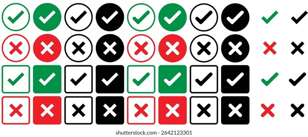 Check box tick mark icon in red and black cross mark in red and black set button correct right wrong buttons or yes or no checkmark red cross green tick vector illustration.
