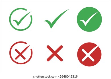 Check box tick mark icon set button Right or wrong icons. Green tick and red cross checkmarks. Yes or no symbol, approved or rejected icon for user interface
